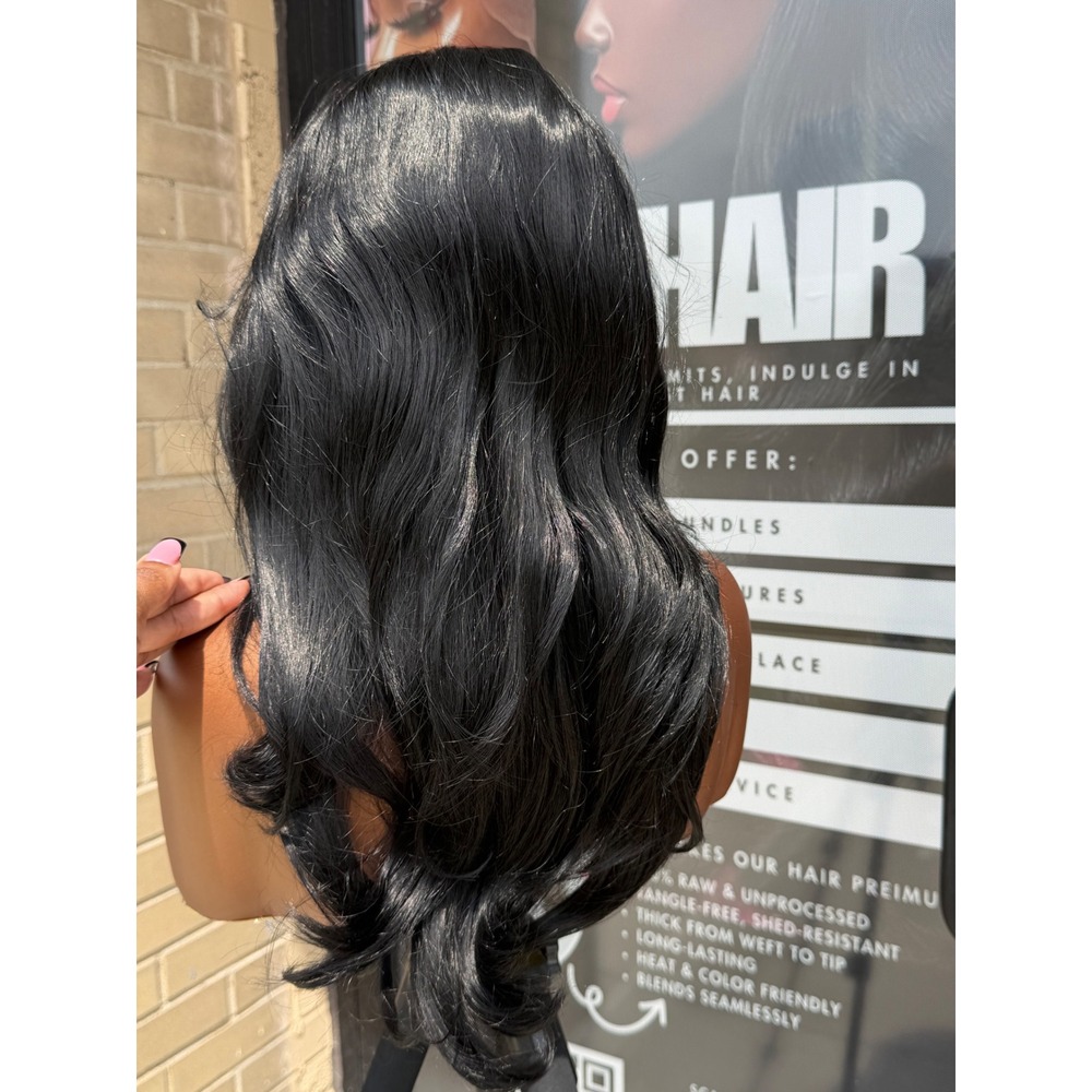 16" Jet Black Layered Human Blend Synthetic Hair 13*6 Transparent Lace Front Wig - Picture 5 of 6